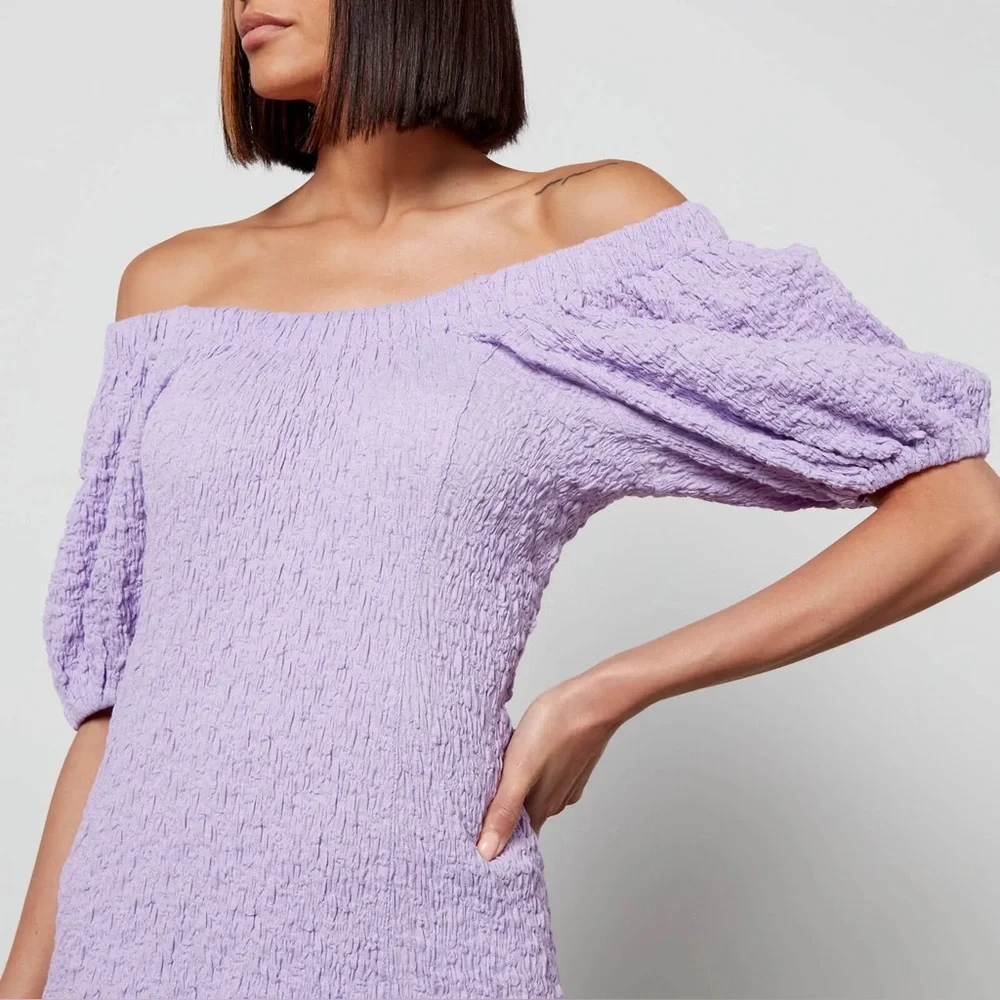Stine Goya Garance Dress Midi Textured Lavender XS off shoulder bump vacation
